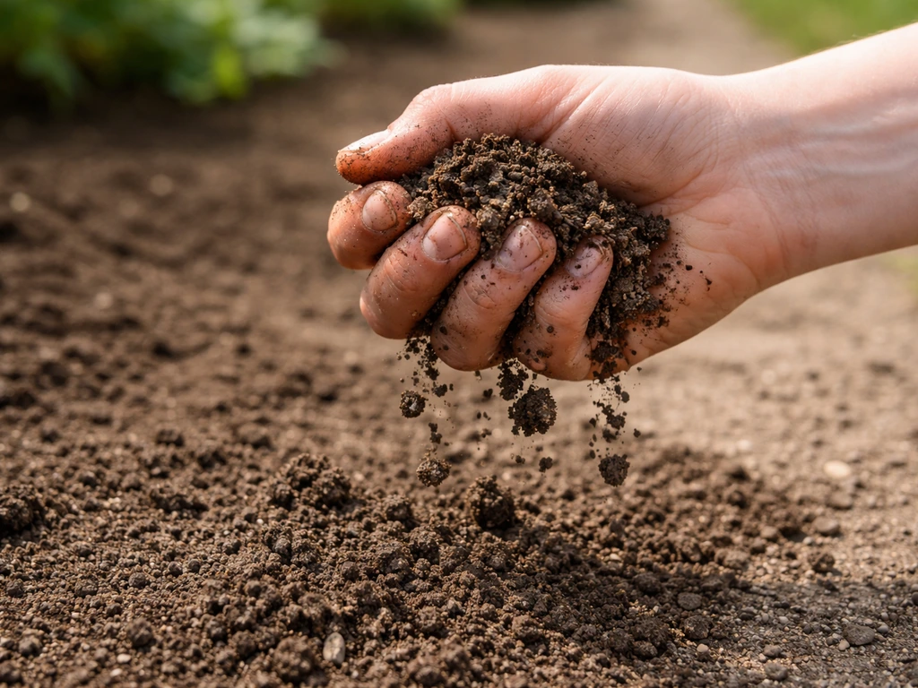 Kniepende hand met vochtig tuinzand dat korrelig uit elkaar valt, als simpele kneptest voor zandgrond.