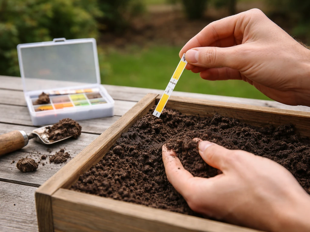 Hand die met een pH-teststrook de bodem meet in een kleine moestuinbak