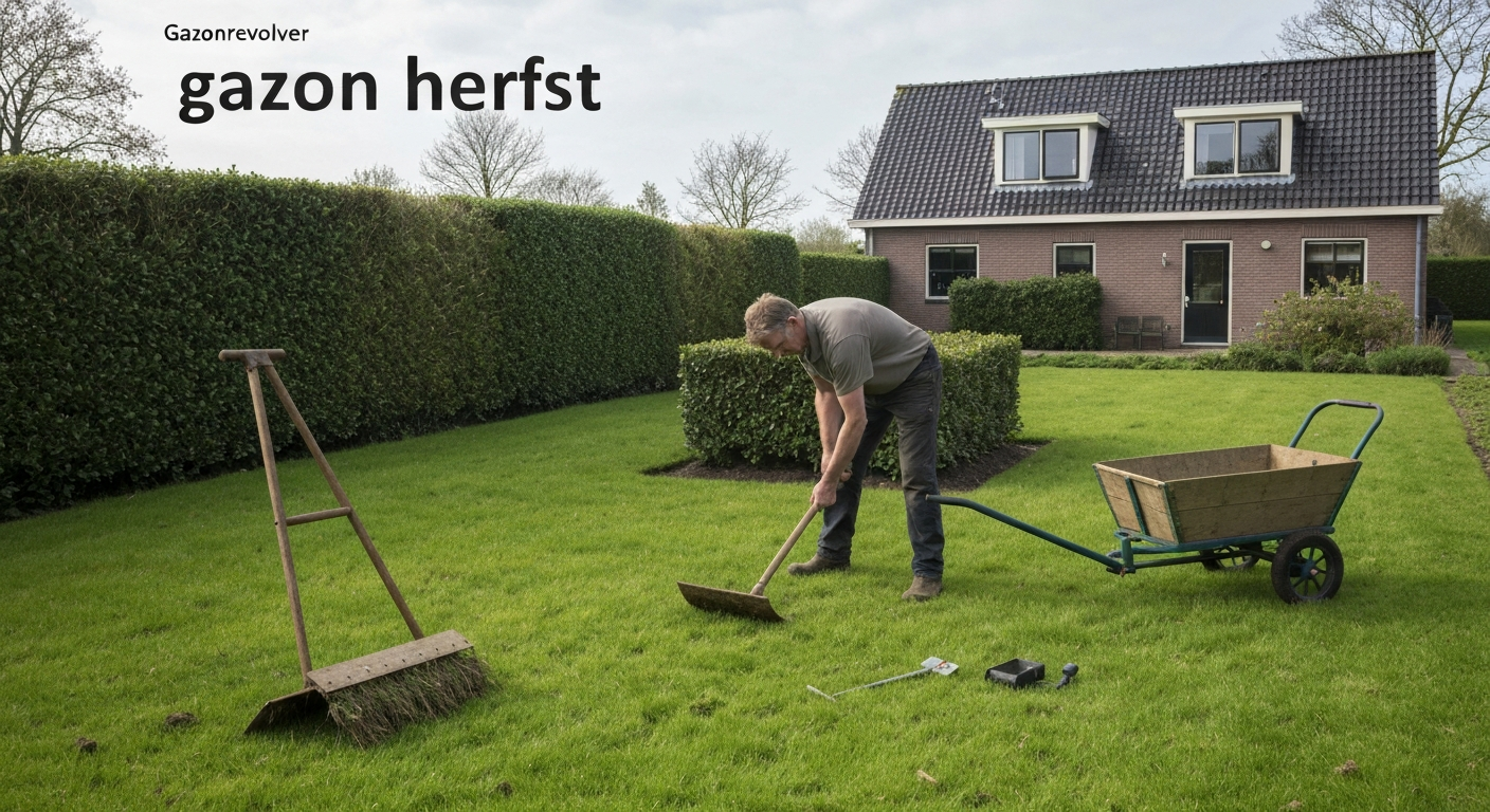 Persoon (zonder zichtbaar gezicht) werkt op een Nederlands gazon in de herfst: bladeren, strooiwagen en plug-beluchter zichtbaar, ochtendlicht.