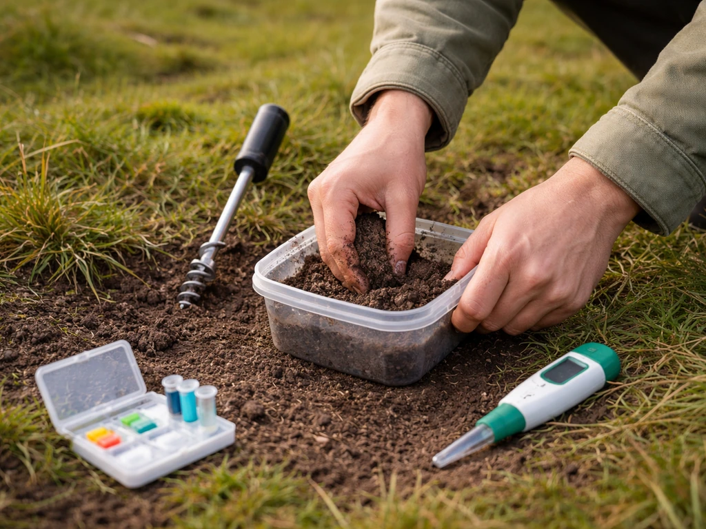 Handen verzamelen en mengen aarde voor een bodemtest met een pH-meter en testkit op de grond.