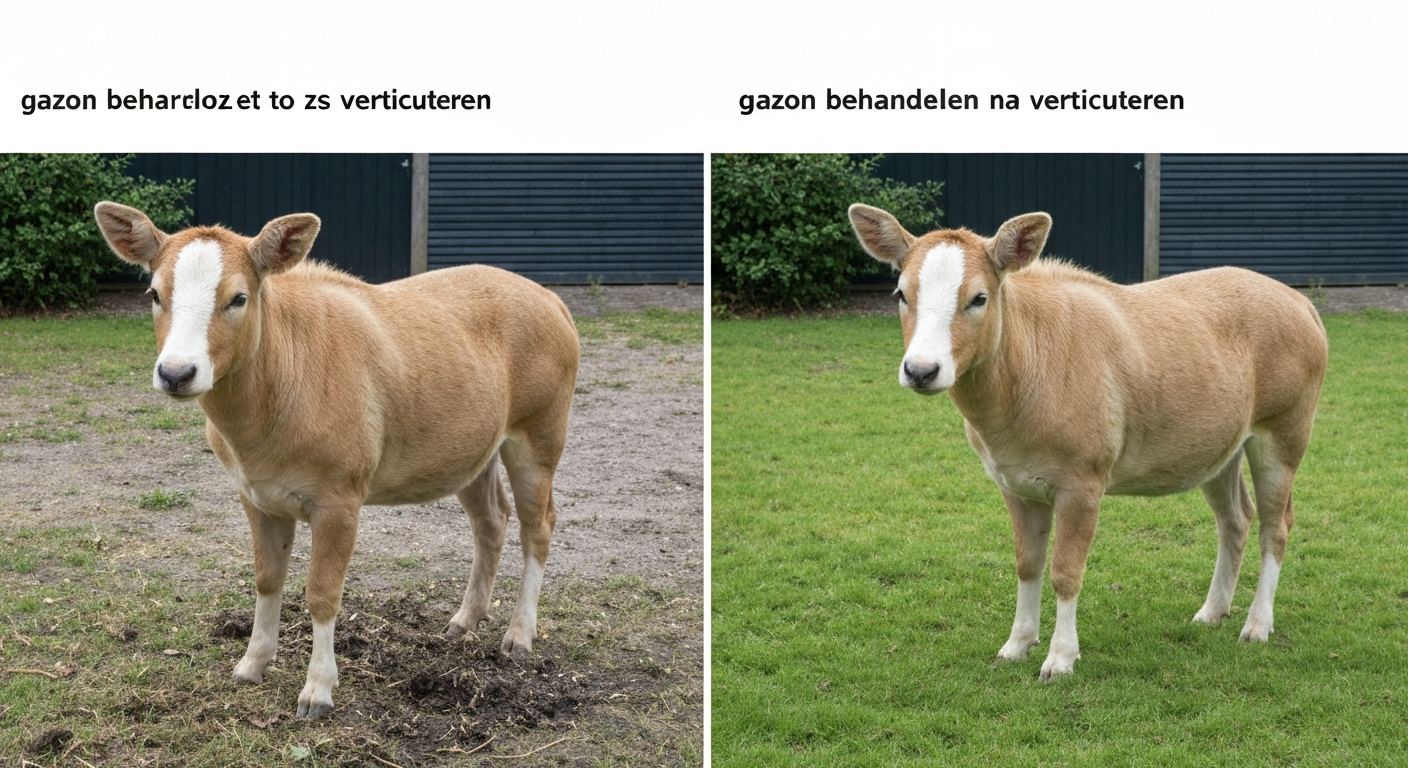 Voor- en na-situatie van gazon vier tot zes weken na verticuteren: links vilt en kale plekken, rechts gezond gras.