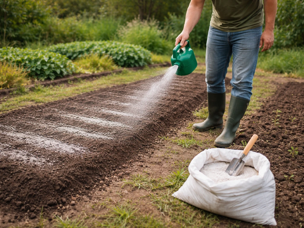 Tuinmedewerker met kalkstrooier in een aardige moestuinbed, zak met kalk op de achtergrond
