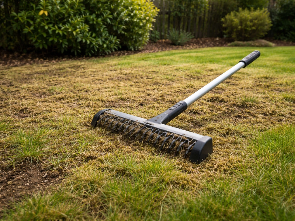 Voorjaar-gazon met zichtbaar opengewerkt gras en een verticuteer-/beluchtingsgereedschap op de achtergrond.