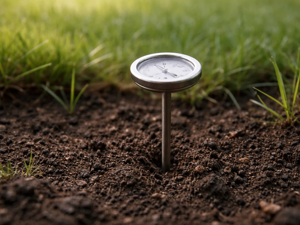 Bodemthermometer in de grond (5–10 cm diep) bij groen gazon, om te meten wanneer het voorjaar start.