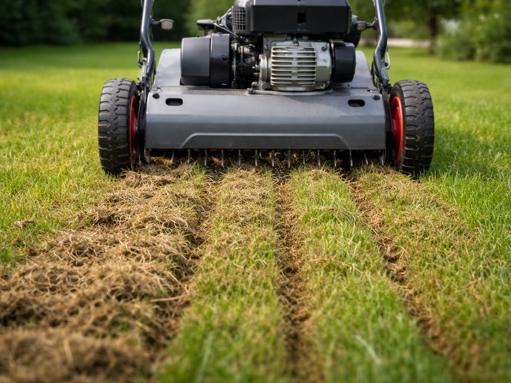 Verticuteermachine die door de grasmat snijdt, met zichtbare verticale sneden in het gazon.