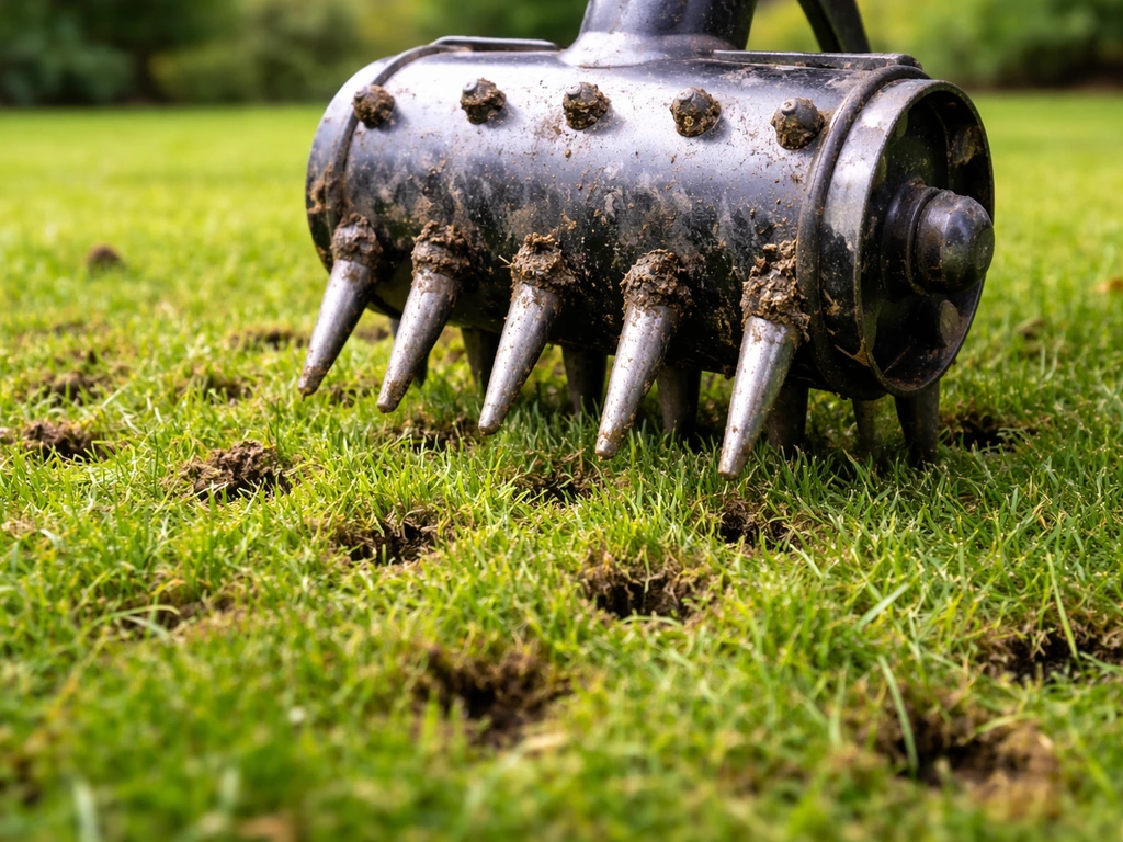 Tuinman maakt met een beluchtingspriem gaatjes in een groen gazon om verdichte bodem te verlichten.