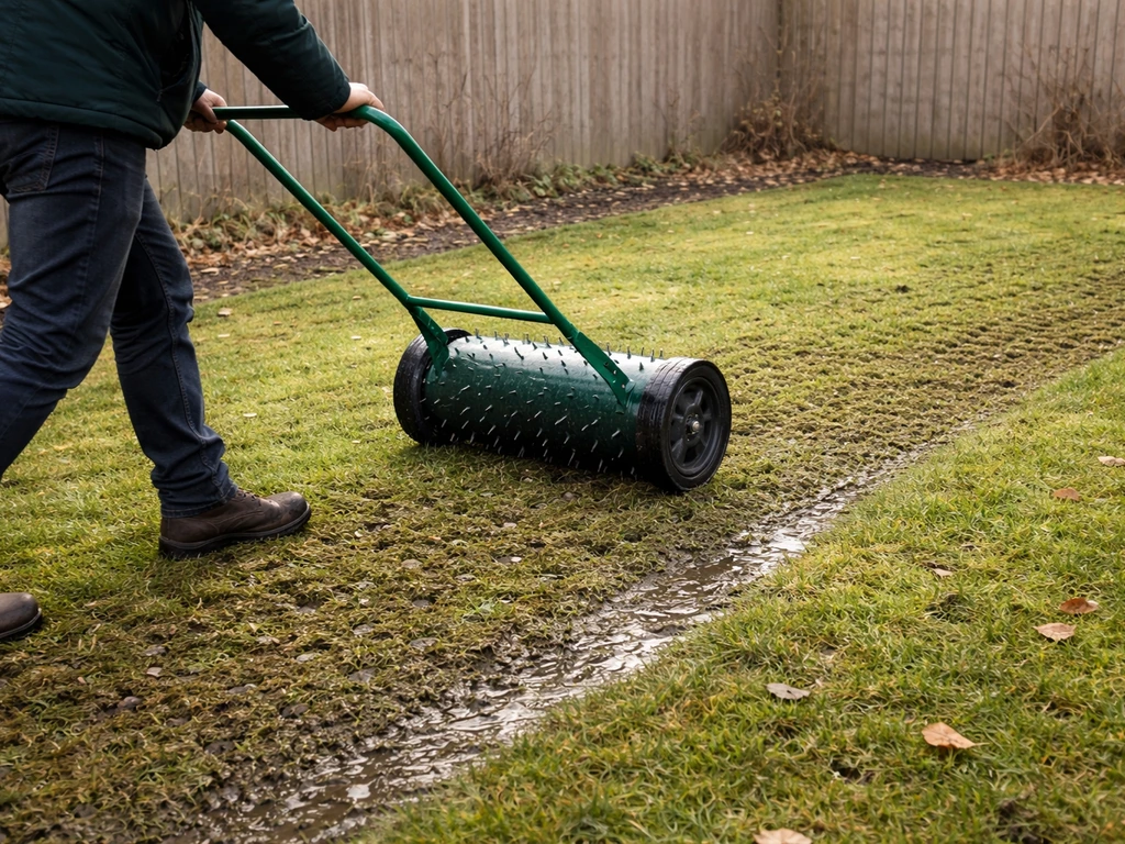 Tuinier rolt een aerator/prikrol over een gazon, met water dat niet meer blijft staan.