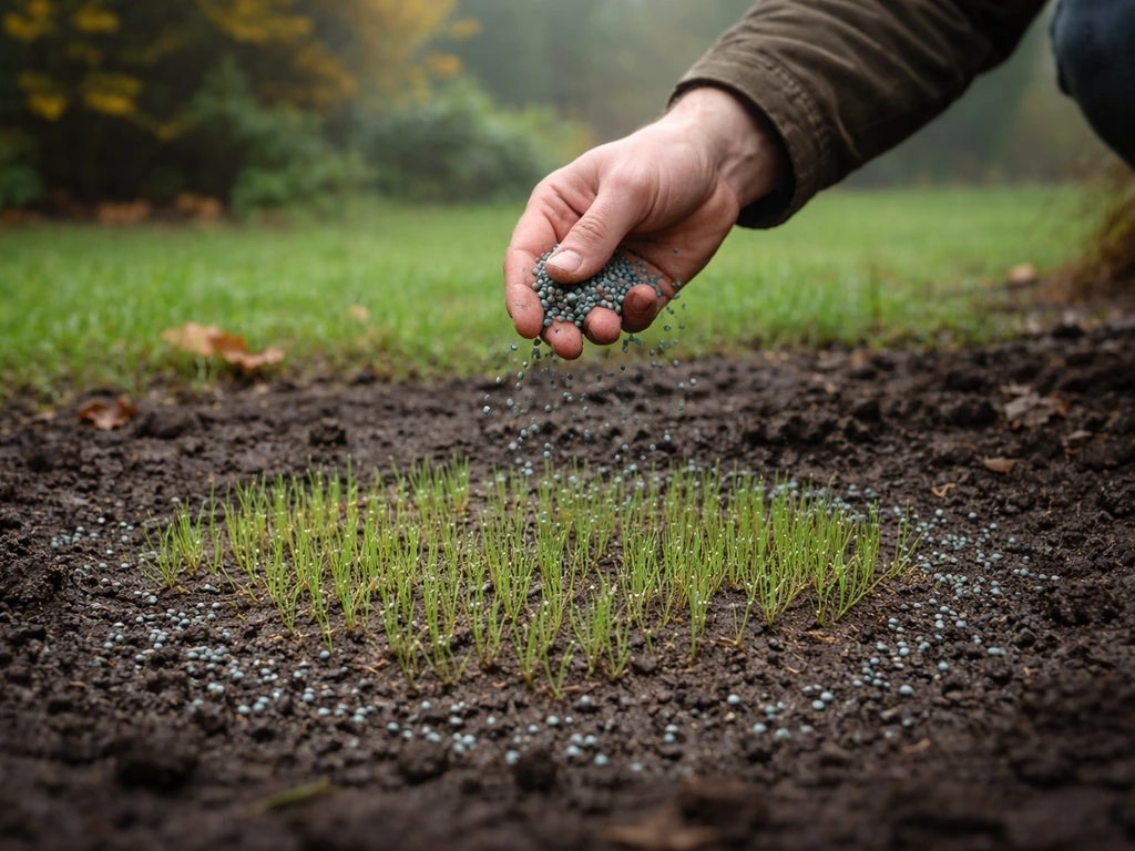 Hand strooit slakkenkorrels van ijzerfosfaat rond jonge graszaadjes in een natte herfsttuin