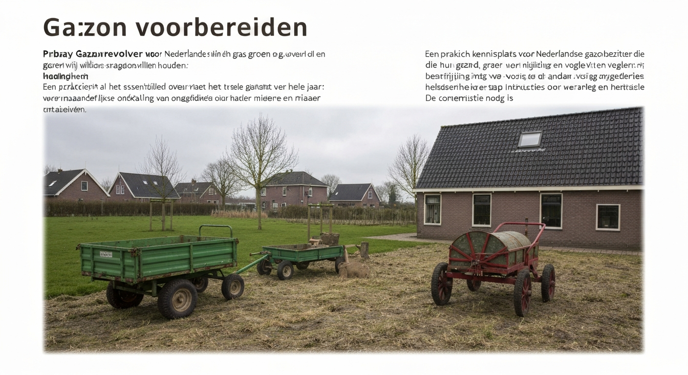 Voorbereide gazonbodem in een Nederlandse achtertuin met hark, schop en kruiwagen, klaar om te zaaien.