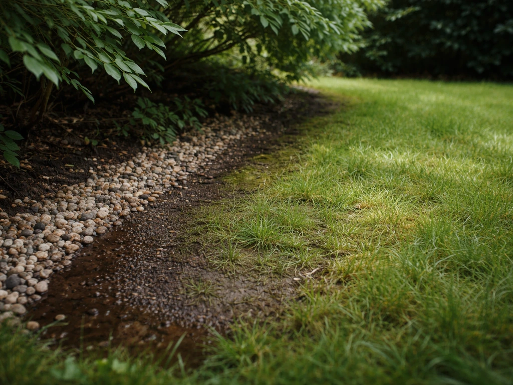 Schaduwrijke tuinbodem met vochtige, niet-drassige grond en een eenvoudige grindafwatering naast gras/mos.