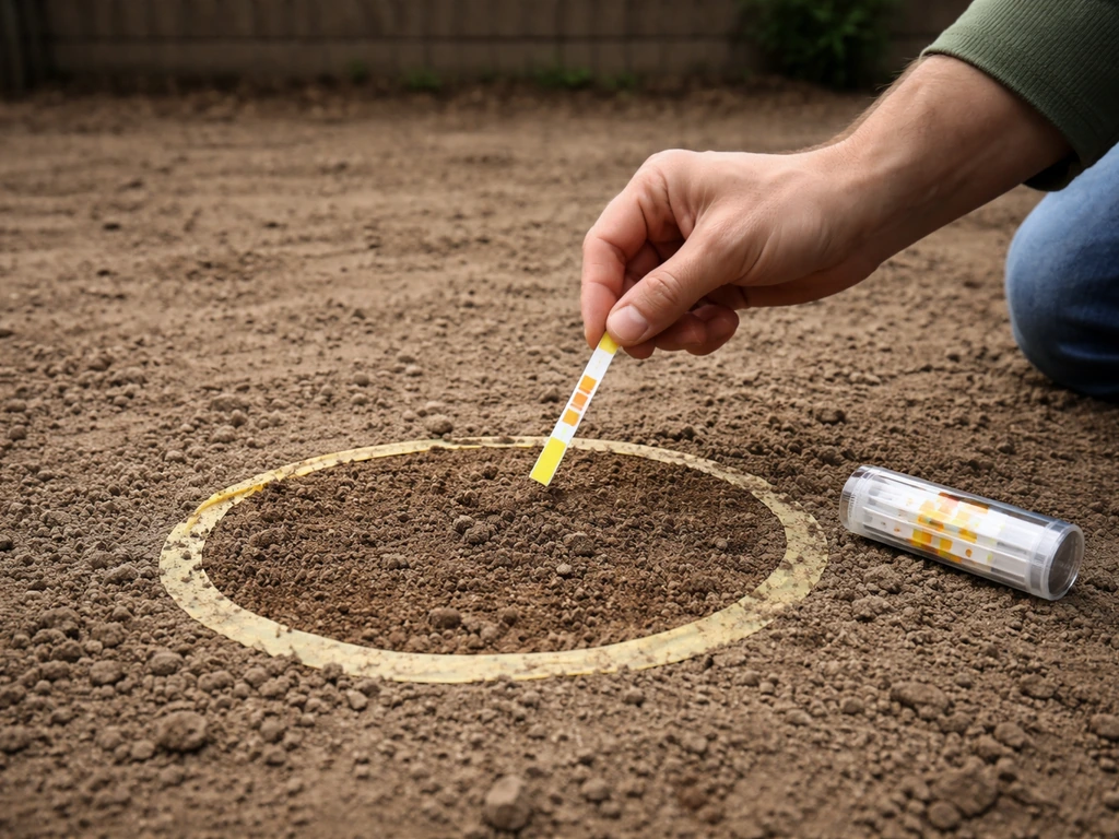 Iemand meet de pH van voorbereide grond met een pH-strip op een eenvoudige tuinplek