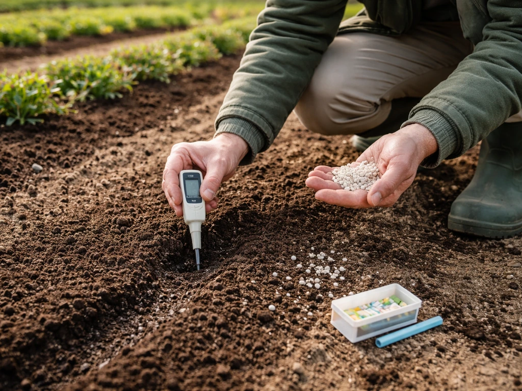 Anonieme tuinder meet pH in de aarde en houdt kalkpellets vast in een vroege moestuin.