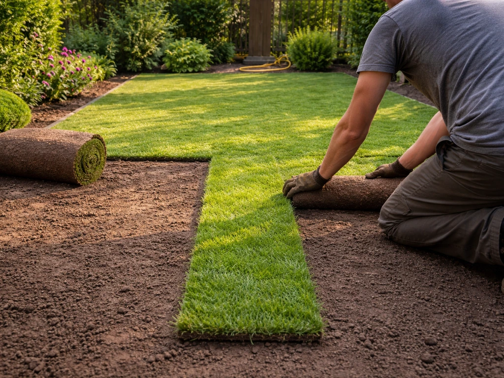 Nieuwe graszoden worden uitgerold op een net voorbereid stuk tuin, met tuinslang klaar voor bewatering.