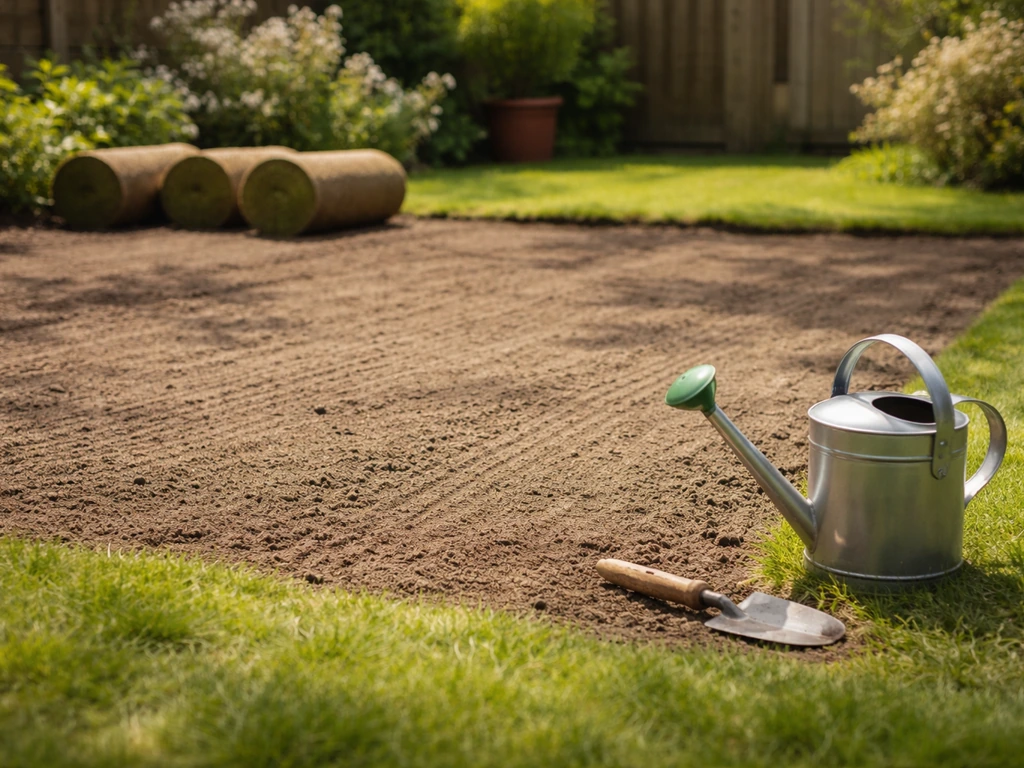 Voorbereide teelaarde in het voorjaar, met licht vochtige bodemtextuur en klaarleggende graszoden.