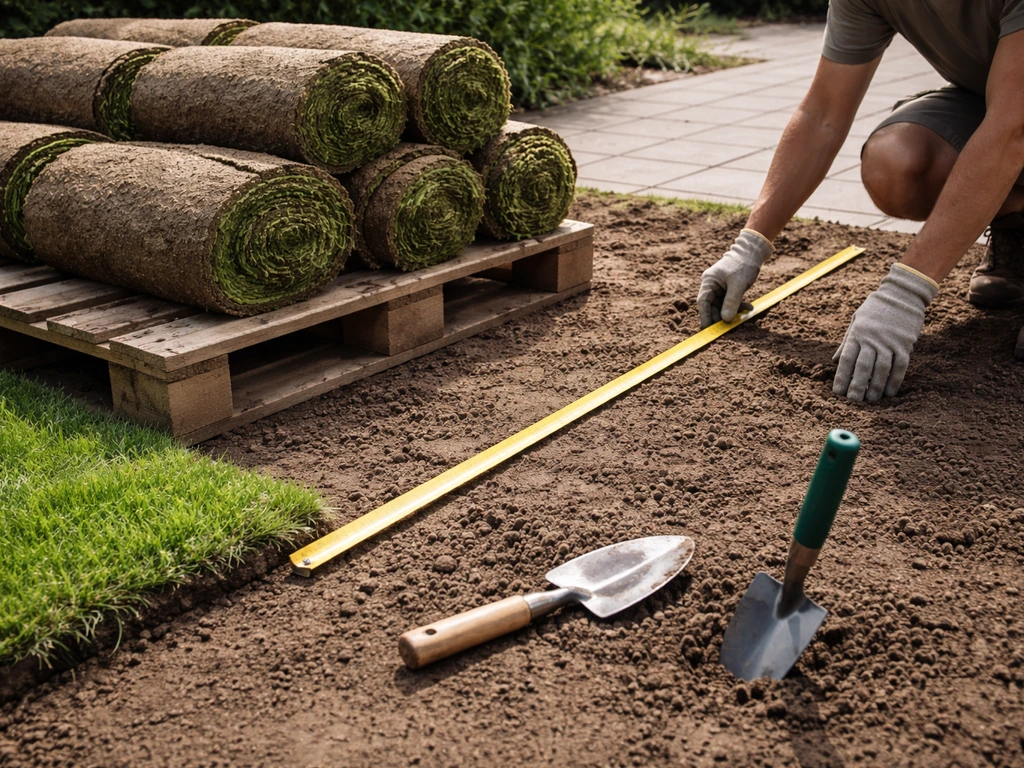 Rollen graszoden op pallet met meetlint en schop op de grond, handen in beeld bij het uitmeten.