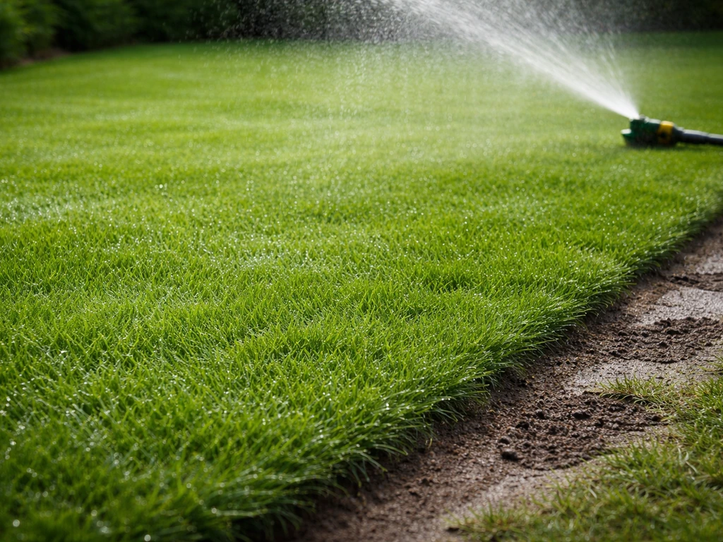 Natte grasmat direct na het leggen, beregend met tuinslang; gras is duidelijk vochtig en voetstappen vermeden.